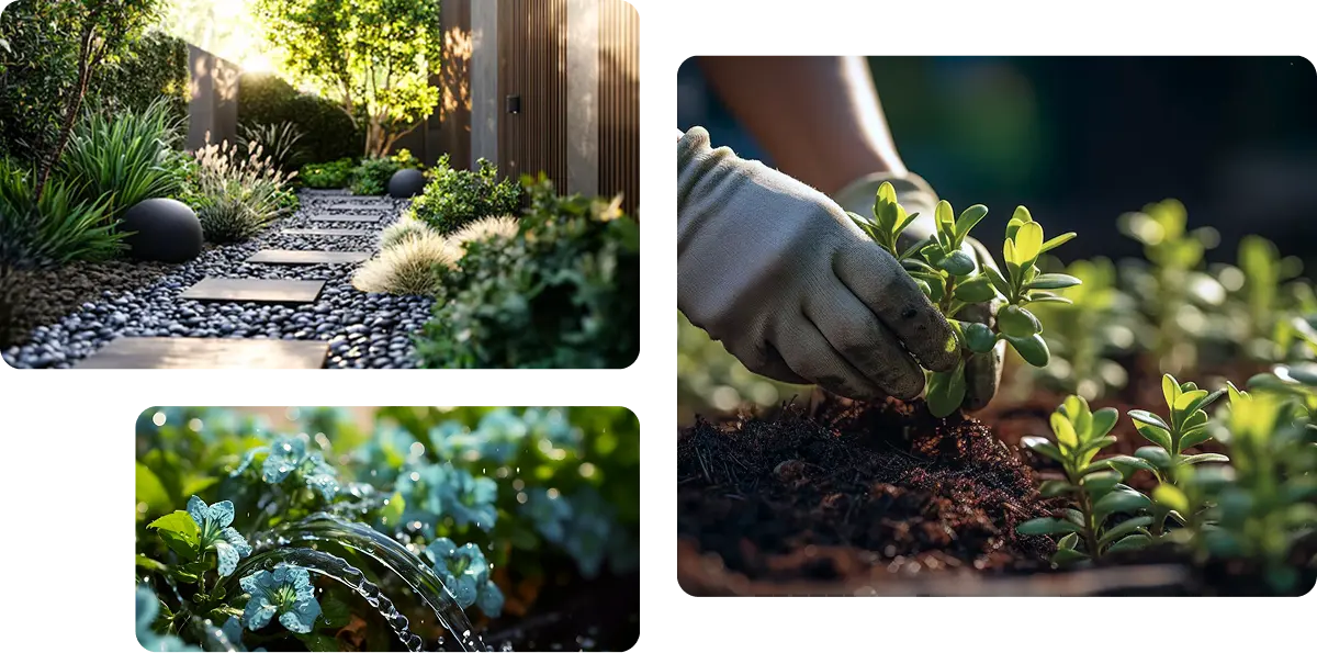 Kolaż zdjęć przedstawiający różne ogrody i elementy ogrodowe