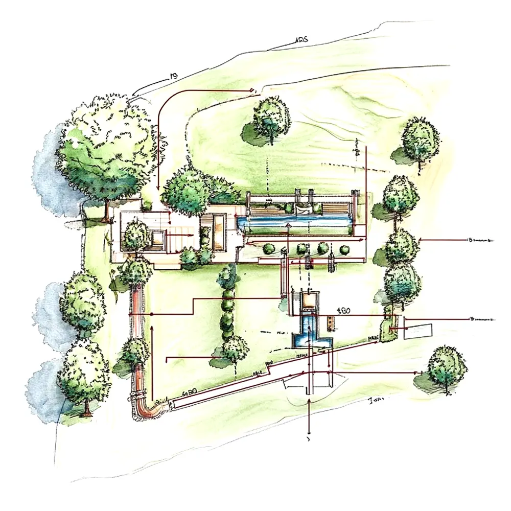 Projekt ogrodu z widokiem z góry, przedstawiający różne strefy i rośliny